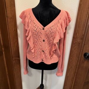 LC Lauren‎ Conrad Pastel Peach Ruffled V Neck Cardigan size M Button Close